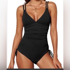 Women’s Ribbed Ruched Tummy Control V-Neck High-cut Drawstring One-Piece Black